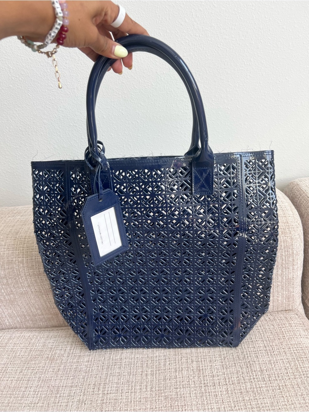 Tory Burch Navy Laser-Cut Tote with ID Tag